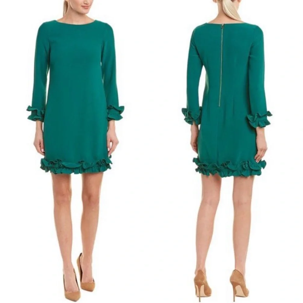 Sail to Sable Green Shift Dress 4 long sleeve mini ruffle cocktail party holiday - Picture 1 of 14